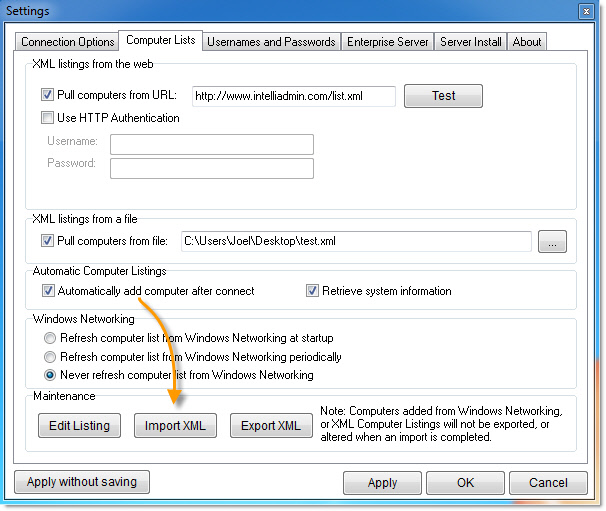 Remote Control Client XML Import